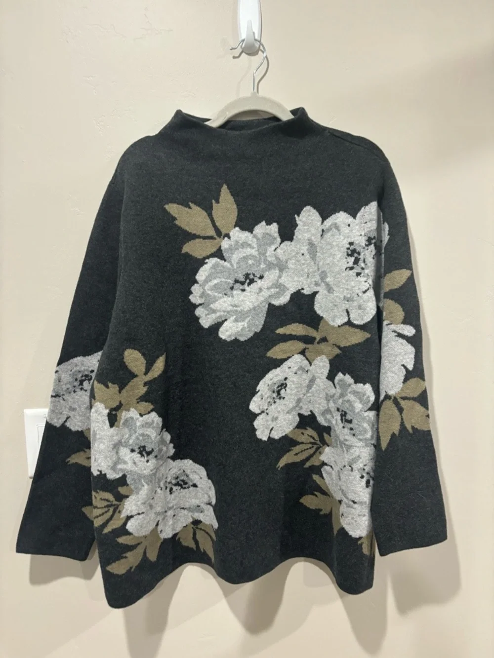 J. Jill Black Floral Mock Neck Sweater with White & Tan Blooms - Picture 1 of 5